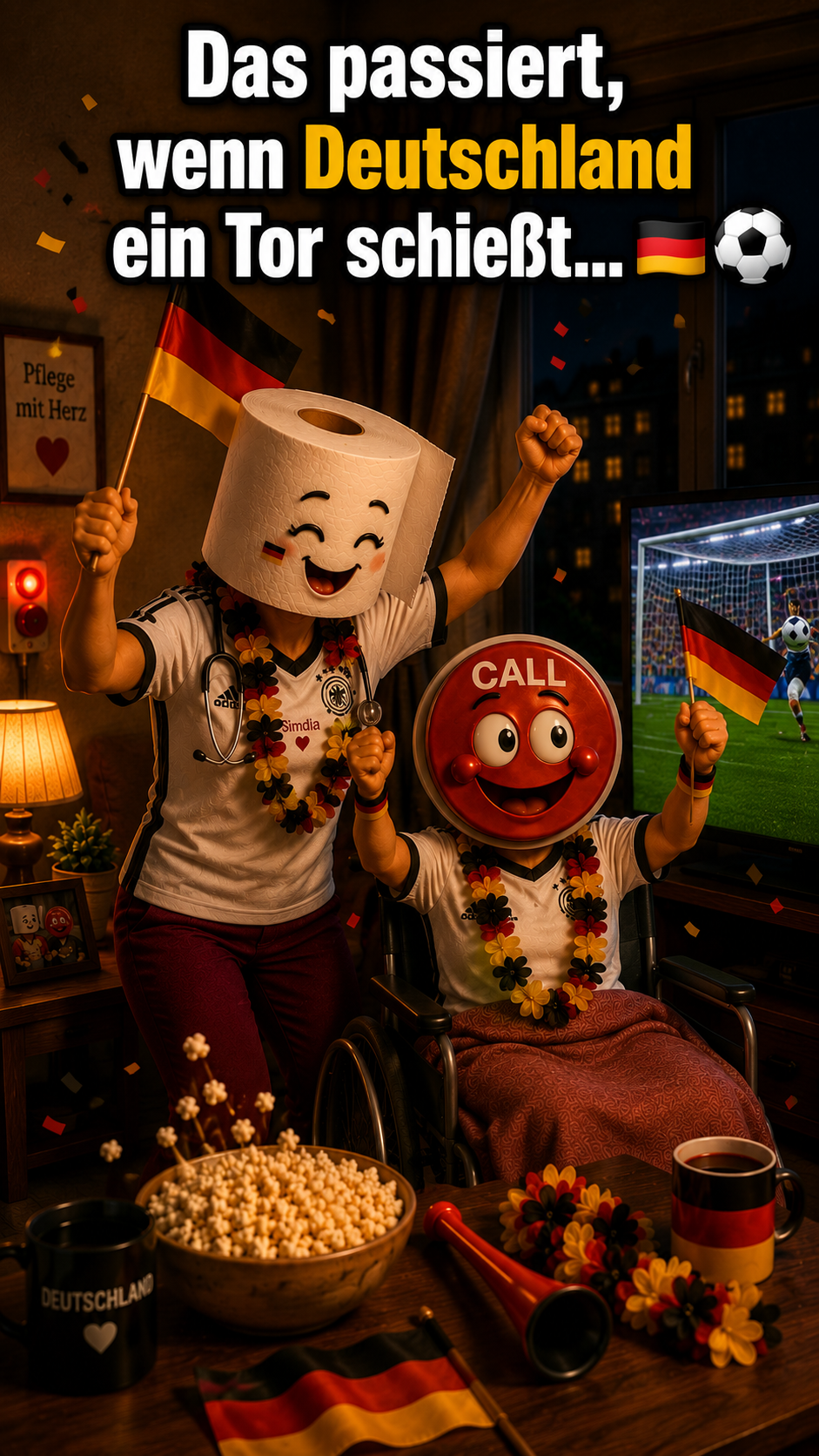 Real Intensiv Creator – Sr. Simdia & Frau Button vor dem Banner – Bild aus der Pflege-Charakterwelt von Real Intensiv Creator (Pflegehumor & Herzmomente)