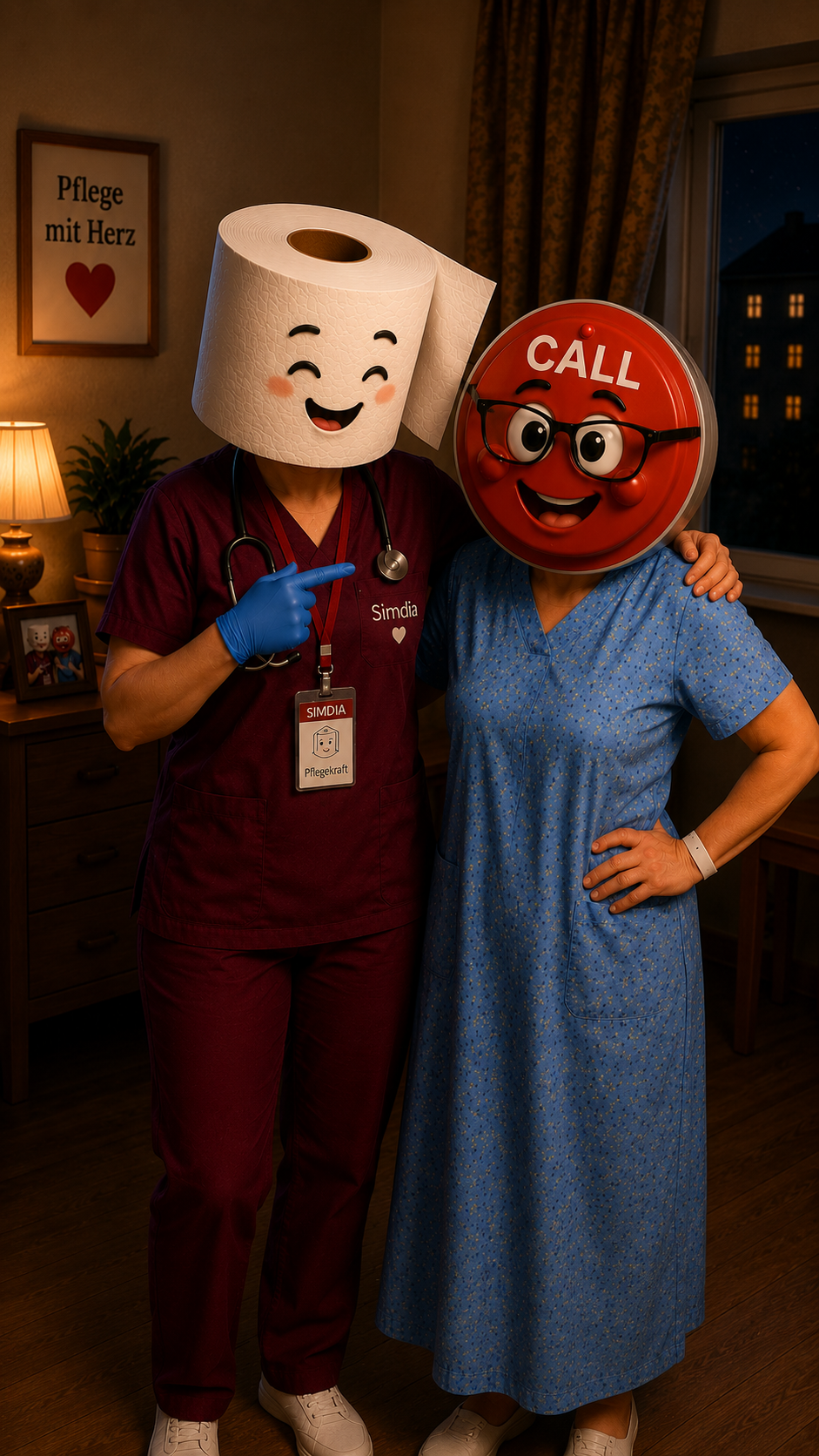 Sr. Simdia & Frau Button im Pflegeheim – Bild aus der Pflege-Charakterwelt von Real Intensiv Creator (Pflegehumor & Herzmomente)