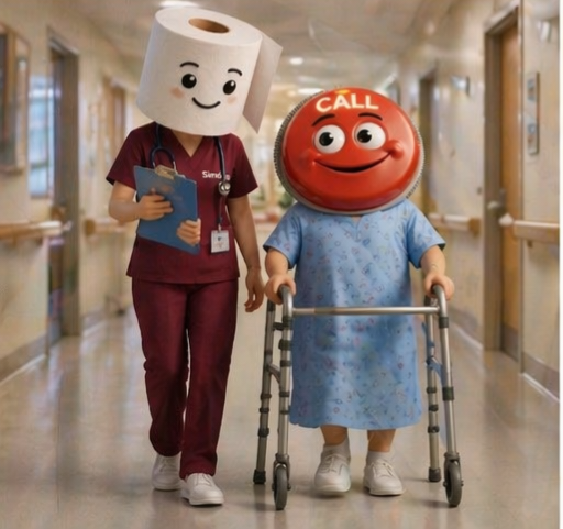 Sr. Simdia & Frau Button – Bild aus der Pflege-Charakterwelt von Real Intensiv Creator (Pflegehumor & Herzmomente)